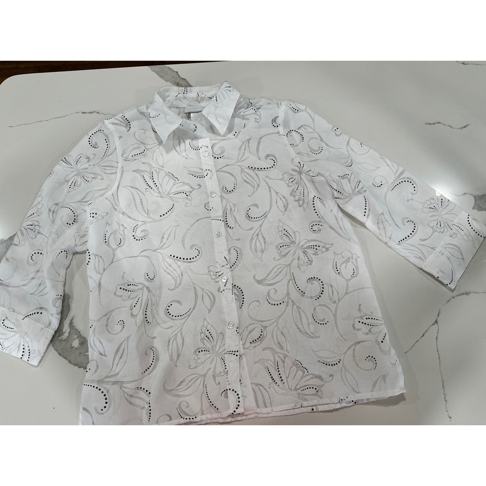 Alfred Dunner White Burnout Butterfly Floral Button Up Blouse 3/4 Sleeve Small